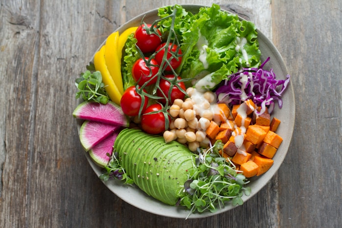 Colourful vegetable Buddha bowl, overhead view